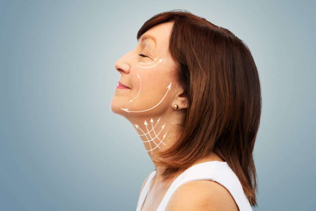 Side profile of brunette woman getting face lift consultation in Boston